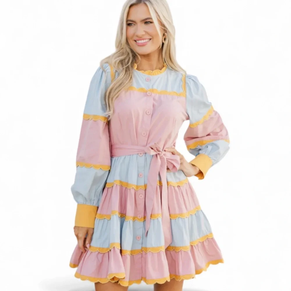 TCEC  Pastel Long Sleeves Ruffle Colorful Mini Dress with Yellow Accents - Picture 16 of 16